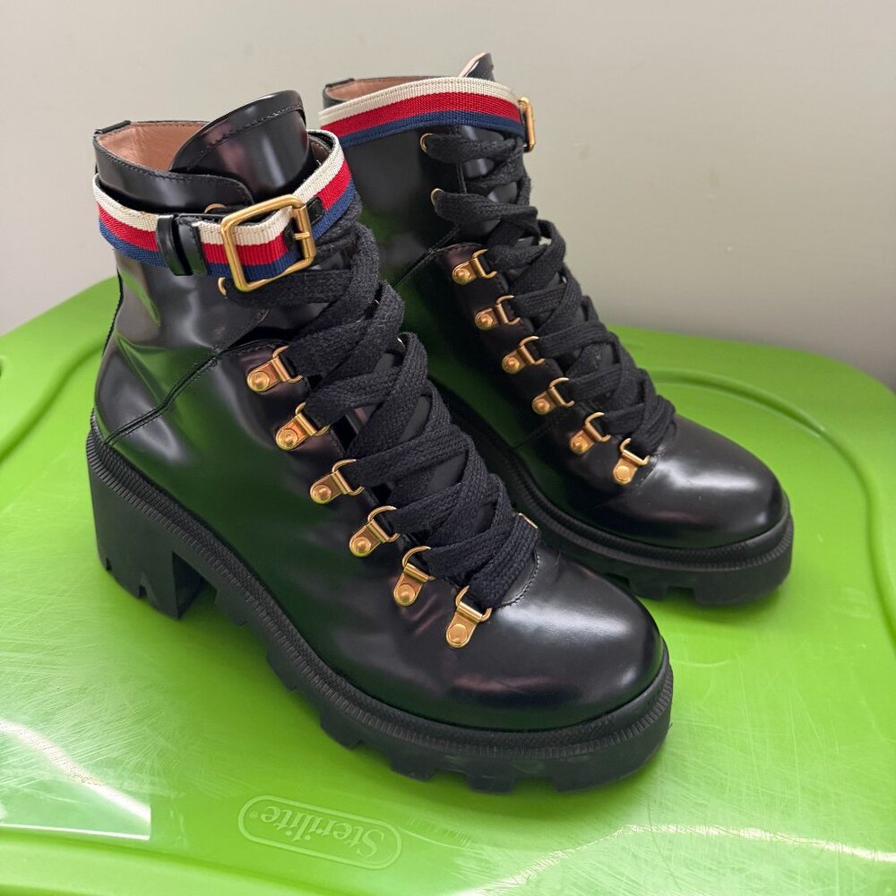 Gucci Calfskin Sylvie Web Lace Up Combat Boots 39 Black